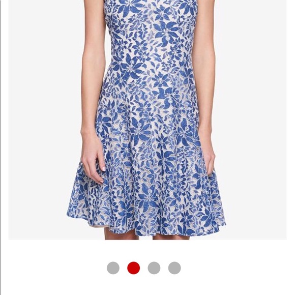 blue lace fit and flare dress